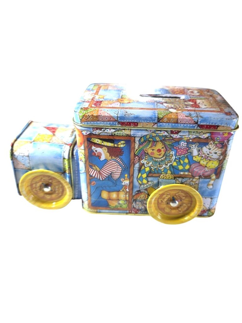 Vintage Circus Tin Train Bank Clown Animal Removable Lid Rolling Wheels Whimsy